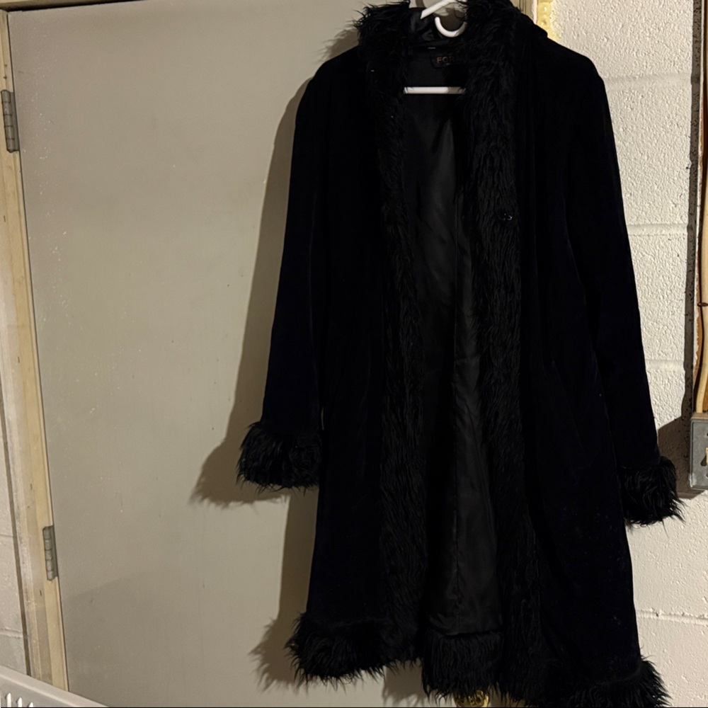 Elegant Black Faux Fur Trim Coat